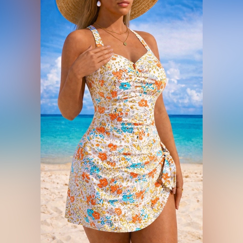 NEW 1 Piece Swim Dress, white floral #SW-D1-0101